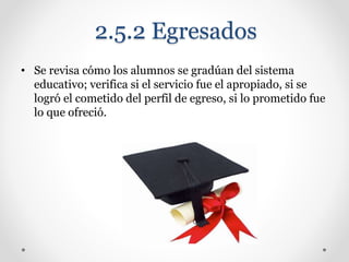 2.5.2 Egresados
• Se revisa cómo los alumnos se gradúan del sistema
educativo; verifica si el servicio fue el apropiado, si se
logró el cometido del perfil de egreso, si lo prometido fue
lo que ofreció.
 