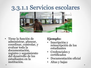 • Tiene la función de
administrar, planear,
coordinar, controlar, y
evaluar toda la
documentación,
registro y seguimiento
del desarrollo de los
estudiantes en la
institución.
3.3.1.1 Servicios escolares
Ejemplo:
• Inscripción y
reinscripción de los
estudiantes
• Credenciales y
certificados
• Documentación oficial
• Altas y bajas
 