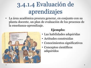 3.4.1.4 Evaluación de
aprendizajes
• La área académica procura generar, en conjunto con su
planta docente, un plan de evaluación de los procesos de
la enseñanza-aprendizaje.
Ejemplo:
• Las habilidades adquiridas
• Actitudes construidas
• Conocimientos significativos
• Conceptos científicos
adquiridos
 