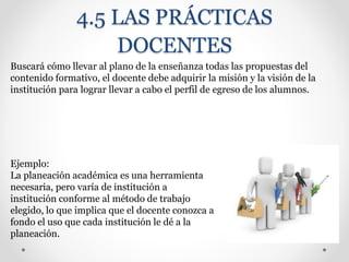 4.5 LAS PRÁCTICAS
DOCENTES
Buscará cómo llevar al plano de la enseñanza todas las propuestas del
contenido formativo, el docente debe adquirir la misión y la visión de la
institución para lograr llevar a cabo el perfil de egreso de los alumnos.
Ejemplo:
La planeación académica es una herramienta
necesaria, pero varía de institución a
institución conforme al método de trabajo
elegido, lo que implica que el docente conozca a
fondo el uso que cada institución le dé a la
planeación.
 