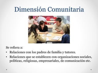 Dimensión Comunitaria
Se refiera a:
• Relaciones con los padres de familia y tutores.
• Relaciones que se establecen con organizaciones sociales,
políticas, religiosas, empresariales, de comunicación etc.
 