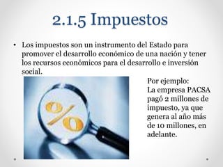 2.1.5 Impuestos
• Los impuestos son un instrumento del Estado para
promover el desarrollo económico de una nación y tener
los recursos económicos para el desarrollo e inversión
social.
Por ejemplo:
La empresa PACSA
pagó 2 millones de
impuesto, ya que
genera al año más
de 10 millones, en
adelante.
 