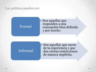 Las políticas pueden ser:
• Son aquellas que
responden a una
concepción bien definida
y por escrito.
Formal
• Son aquellas que nacen
de la experiencia y que
dan ciertas restricciones
de manera implícita.
Informal
 