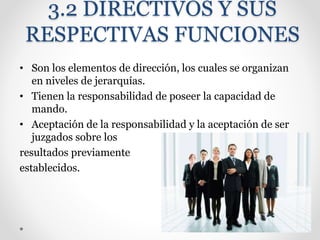 3.2 DIRECTIVOS Y SUS
RESPECTIVAS FUNCIONES
• Son los elementos de dirección, los cuales se organizan
en niveles de jerarquías.
• Tienen la responsabilidad de poseer la capacidad de
mando.
• Aceptación de la responsabilidad y la aceptación de ser
juzgados sobre los
resultados previamente
establecidos.
 