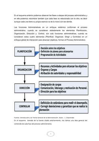 7
En el esquema anterior podemos observar las fases o etapas del proceso administrativo y
en ella podemos vislumbrar también que cada fase va relacionada con la otra, es decir
aunque cada una tiene su propia esencia va de la mano con las demás.
Las funciones Administrativas en un enfoque sistémico conforman el proceso
administrativo, cuando se consideran aisladamente los elementos Planificación,
Organización, Dirección y Control, son solo funciones administrativas, cuando se
consideran estos cuatro elementos (Planificar, Organizar, Dirigir y Controlar) en un
enfoque global de interacción para alcanzar objetivos, forman el Proceso Administrativo.
Fuente: Introducción a la Teoría General de la Administración. Autor: I. Chiavenato
En el esquema tomado de la fuente citada anteriormente, nos damos una idea general del
contenido de cada fase del proceso administrativo.
 