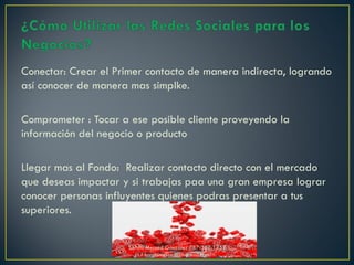 Conectar: Crear el Primer contacto de manera indirecta, logrando
así conocer de manera mas simplke.
Comprometer : Tocar a ese posible cliente proveyendo la
información del negocio o producto
Llegar mas al Fondo: Realizar contacto directo con el mercado
que deseas impactar y si trabajas paa una gran empresa lograr
conocer personas influyentes quienes podras presentar a tus
superiores.
Sarahí Merced González 787-387-1752
sarahimerced@hotmail.com
 