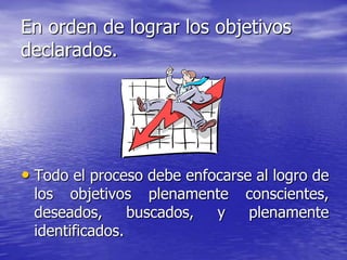 En orden de lograr los objetivos
declarados.




• Todo el proceso debe enfocarse al logro de
 los objetivos plenamente       conscientes,
 deseados,      buscados, y     plenamente
 identificados.
 