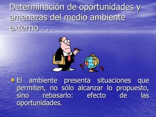 Determinación de oportunidades y
amenazas del medio ambiente
externo . . .




• El ambiente presenta situaciones que
 permiten, no sólo alcanzar lo propuesto,
 sino    rebasarlo:   efecto    de    las
 oportunidades.
 