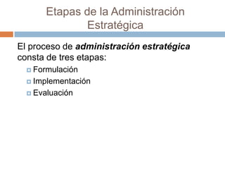 Etapas de la Administración
Estratégica
El proceso de administración estratégica
consta de tres etapas:
 Formulación
 Implementación
 Evaluación

 