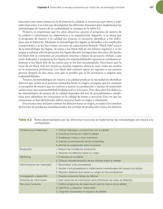 Capítulo 4 %FTBSSPMMBSMBWFOUBKBDPNQFUJUJWBQPSNFEJPEFVOBFTUSBUFHJBGVODJPOBM 127
funciones cuya meta común sea la de mejorar la calidad; es un proceso que afecta a múl-
tiples funciones. Los roles que desempeñan las diferentes funciones para implementar las
metodologías de mejora de la coniabilidad se resumen en la tabla 4.2.
Primero, es importante que los altos directivos apoyen el programa de mejora de
la calidad y comuniquen su importancia a la organización. Segundo, si se desea que
el programa de mejora a la calidad sea exitoso, es necesario identiicar a los indivi-
duos que lo liderarán. Mediante la metodología Six Sigma, se identiica a los empleados
excepcionales y se les hace tomar un curso de capacitación llamado “black belt” acerca
de la metodología Six Sigma. Se retira a los black belt de sus labores regulares y se les
asigna a trabajar sólo en proyectos Six Sigma durante los siguientes dos años. De hecho,
los black belt se convierten en consultores internos y líderes de proyecto. Debido a que
están dedicados a programas Six Sigma, las responsabilidades operativas cotidianas no
distraen a los black belt de las tareas que se les han encomendado. Para hacer que la
tarea de un black belt sea atractiva, muchas empresas ahora la usan como un escalón
en la trayectoria profesional. Los black belt exitosos quizá no regresen a sus puestos
previos después de dos años, sino que es posible que se les promueva y asignen más
responsabilidades.
Tercero, las metodologías de mejora a la calidad predican la necesidad de identiicar
defectos que surjan en el proceso, rastrearlos hasta su origen, averiguar qué los ocasionó
y corregirlos de manera que no vuelvan a ocurrir. La producción y manejo de materiales
suelen tener una responsabilidad fundamental en esta tarea. Para descubrir los defectos,
las metodologías de mejora de la calidad dependen del uso de procedimientos estadís-
ticos para identiicar las variaciones en la calidad de bienes o servicios. Una vez que las
variaciones se han identiicado, deben rastrarse hasta su origen y eliminarse.
Una técnica muy útil para rastrear los defectos hasta su origen, es reducir los tamaños
de los lotes de productos manufacturados. En corridas de producción cortas, los defectos
Tabla 4.2 3PMFTEFTFNQF×BEPTQPSMBTEJGFSFOUFTGVODJPOFTBMJNQMFNFOUBSMBTNFUPEPMPHÓBTEFNFKPSBBMB
DPOmBCJMJEBE
*OGSBFTUSVDUVSB MJEFSB[HP 0GSFDFSMJEFSB[HPZDPNQSPNJTPDPOMBDBMJEBE
ODPOUSBSGPSNBTEFNFEJSMBDBMJEBE
TUBCMFDFSNFUBTZDSFBSJODFOUJWPT
4PMJDJUBSMBQBSUJDJQBDJØOEFMPTFNQMFBEPT
MFOUBSMBDPPQFSBDJØOFOUSFGVODJPOFT
1SPEVDDJØO 3FEVDJSMBTDPSSJEBTEFQSPEVDDJØO
3BTUSFBSMPTEFGFDUPTIBTUBTVPSJHFO
.BSLFUJOH OGPDBSTFFOFMDMJFOUF
0GSFDFSSFUSPBMJNFOUBDJØOEFMPTDMJFOUFTTPCSFMBDBMJEBE
ENJOJTUSBDJØOEFNBUFSJBMFT 3BDJPOBMJ[BSBMPTQSPWFFEPSFT
ZVEBSBMPTQSPWFFEPSFTBJNQMFNFOUBSNFUPEPMPHÓBTEFNFKPSBBMBDBMJEBE
3BTUSFBSEFGFDUPTRVFUJFOFOTVPSJHFOFOMPTQSPWFFEPSFT
*OWFTUJHBDJØOZEFTBSSPMMP %JTF×BSQSPEVDUPTGÈDJMFTEFGBCSJDBS
4JTUFNBTEFJOGPSNBDJØO 6TBSTJTUFNBTEFJOGPSNBDJØOQBSBNPOJUPSFBSMBTUBTBTEFEFGFDUPT
3FDVSTPTIVNBOPT *OTUJUVJSQSPHSBNBTEFDBQBDJUBDJØOQBSBMBNFKPSBEFMBDBMJEBE
*EFOUJmDBSZDBQBDJUBSiCMBDLCFMUTw
0SHBOJ[BSFNQMFBEPTFOFRVJQPTEFDBMJEBE
 