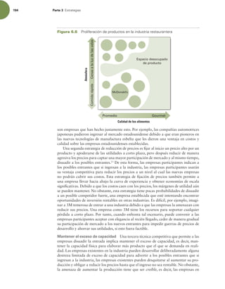 194 Parte 3 TUSBUFHJBT
son empresas que han hecho justamente esto. Por ejemplo, las compañías automotrices
japonesas pudieron ingresar al mercado estadounidense debido a que eran pioneros en
las nuevas tecnologías de manufactura esbelta que les dieron una ventaja en costos y
calidad sobre las empresas estadounidenses establecidas.
Una segunda estrategia de reducción de precios es ijar al inicio un precio alto por un
producto y apoderarse de las utilidades a corto plazo, pero después reducir de manera
agresiva los precios para captar una mayor participación de mercado y al mismo tiempo,
disuadir a los posibles entrantes.13
De esta forma, las empresas participantes indican a
los posibles entrantes que si ingresan a la industria, las empresas participantes usarán
su ventaja competitiva para reducir los precios a un nivel al cual las nuevas empresas
no podrán cubrir sus costos. Esta estrategia de ijación de precios también permite a
una empresa llevar hacia abajo la curva de experiencia y obtener economías de escala
signiicativas. Debido a que los costos caen con los precios, los márgenes de utilidad aún
se pueden mantener. No obstante, esta estrategia tiene pocas probabilidades de disuadir
a un posible competidor fuerte, una empresa establecida que esté intentando encontrar
oportunidades de inversión rentables en otras industrias. Es difícil, por ejemplo, imagi-
nar a 3M temerosa de entrar a una industria debido a que las empresas la amenazan con
reducir sus precios. Una empresa como 3M tiene los recursos para soportar cualquier
pérdida a corto plazo. Por tanto, cuando enfrenta tal escenario, puede convenir a las
empresas participantes aceptar con elegancia al recién llegado, ceder de manera gradual
su participación de mercado a los nuevos entrantes para impedir guerras de precios de
desarrollo y ahorrar sus utilidades, si esto fuera factible.
Mantener el exceso de capacidad Una tercera técnica competitiva que permite a las
empresas disuadir la entrada implica mantener el exceso de capacidad, es decir, man-
tener la capacidad física para elaborar más producto que el que se demanda en reali-
dad. Las empresas existentes en la industria pueden desarrollar deliberadamente alguna
destreza limitada de exceso de capacidad para advertir a los posibles entrantes que si
ingresan a la industria, las empresas existentes pueden desquitarse al aumentar su pro-
ducción y obligar a reducir los precios hasta que el ingreso no sea rentable. No obstante,
la amenaza de aumentar la producción tiene que ser creíble, es decir, las empresas en
McDonald’s
Espacio desocupado
de producto
Atmósfera
Calidad de los alimentos
Cenas
a
la
luz
de
las
velas
Comida
rápida
Promedio Gourmet
Figura 6.6 1SPMJGFSBDJØOEFQSPEVDUPTFOMBJOEVTUSJBSFTUBVSBOUFSB
 