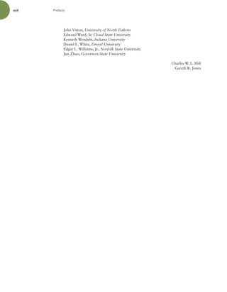 xxii Prefacio
John Vitton, University of North Dakota
Edward Ward, St. Cloud State University
Kenneth Wendeln, Indiana University
Daniel L. White, Drexel University
Edgar L. Williams, Jr., Norfolk State University
Jun Zhao, Governors State University
Charles W. L. Hill
Gareth R. Jones
 