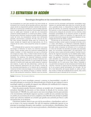 Capítulo 7 TUSBUFHJBZUFDOPMPHÓB 235
A medida que la nueva tecnología comenzó a mejorar en funcionalidad e invadió el
mercado principal, su inversión fue obstaculizada por el hecho de que explotar la nueva
tecnología requería un modelo de negocio muy diferente del establecido de la empresa,
y por tanto muy difícil de implementar.
Estos dos puntos pueden ilustrarse mediante un ejemplo más: el surgimiento de los
corredores bursátiles de descuento en línea durante la década de los noventa, como
Ameritrade y E*TRADE, los cuales usaron una nueva tecnología, internet, para permitir
a los inversionistas individuales negociar acciones a cambio de una comisión muy baja,
en cambio, los accionistas de servicios completos como Merrill Lynch, donde los pedidos
tenían que colocarse mediante un corredor que ganaba una comisión por llevar a cabo
tal transacción, no lo hicieron.
Christensen también observó que una red de proveedores y distribuidores suele cre-
cer en torno a los nuevos entrantes. No sólo las empresas establecidas ignoran en un
principio la tecnología disruptiva sino también a sus proveedores y distribuidores. Esto
crea una oportunidad para que los nuevos proveedores y distribuidores ingresen al mer-
-BTFYDBWBEPSBTTFVTBOQBSBQFOFUSBSMPTGPTPTEPOEFTF
FODMBWBSÈOMPTDJNJFOUPTEFMPTHSBOEFTFEJmDJPT QBSBIBDFS
[BOKBTEPOEFTFEFQPTJUBSÈOHSBOEFTUVCFSÓBTEFMBMDBOUBSJ-
MMBEPEFMBDPOTUSVDDJØOSFTJEFODJBMZQBSBFMUSBCBKPBHSÓDPMB
OUFTEFMBEÏDBEBEFMPTDVBSFOUB MBUFDOPMPHÓBEPNJOBOUF
RVF TF VTBCB QBSB NBOJQVMBS MB QBMB EF VOB FYDBWBEPSB
NFDÈOJDBFTUBCBCBTBEBFOVOTJTUFNBEFDBCMFTZQPMFBT
VORVFFTUPTTJTUFNBTNFDÈOJDPTQPEÓBOMFWBOUBSHSBOEFT
DVCPT EF UJFSSB  MBT FYDBWBEPSBT NJTNBT FSBO EFNBTJBEP
HSBOEFT WPMVNJOPTBTZDPTUPTBT1PSFMMP SBSBWF[TFVTB-
CBO QBSB FYDBWBS QFRVF×BT [BOKBT QBSB MPT DJNJFOUPT EF
DBTBT DBOBMFTEFJSSJHBDJØOQBSBMPTBHSJDVMUPSFT FUDOMB
NBZPSÓBEFMPTDBTPT FTUBTQFRVF×BT[BOKBTTFDBWBCBOB
NBOP
OMBEÏDBEBEFMPTDVBSFOUB IJ[PTVBQBSJDJØOVOBOVFWB
UFDOPMPHÓBMBIJESÈVMJDBOUFPSÓB MPTTJTUFNBTIJESÈVMJDPT
UFOÓBODJFSUBTWFOUBKBTTPCSFMPTTJTUFNBTFTUBCMFDJEPTEF
DBCMFTZQPMFBT-PNÈTJNQPSUBOUFFSBRVFTVFmDJFODJB
EFFOFSHÓBFSBNBZPS1BSBVOEFUFSNJOBEPUBNB×PEFQBMB 
TFSFRVFSJSÓBVONPUPSNÈTQFRVF×PZRVFVTBSBVOTJTUFNB
IJESÈVMJDP /P PCTUBOUF  MPT TJTUFNBT IJESÈVMJDPT UBNCJÏO
UFOÓBOEFTWFOUBKBT-PTTFMMPTEFMPTDJMJOESPTIJESÈVMJDPTUFO-
EÓBOBHPUFBSCBKPBMUBTQSFTJPOFT MPDVBMMJNJUBCBEFNBOFSB
FGFDUJWBFMUBNB×PEFMBQBMBRVFQPESÓBFMFWBSTFNFEJBOUF
FTF TJTUFNB  QFTBS EF FTUB EFTWFOUBKB  DVBOEP MPT TJT-
UFNBTIJESÈVMJDPTBQBSFDJFSPOQPSWF[QSJNFSB NVDIBTEF
MBTFNQSFTBTQBSUJDJQBOUFTFOMBJOEVTUSJBEFMBFYDBWBDJØO
NFDÈOJDBUPNBSPOFTUBUFDOPMPHÓBDPOMBTVmDJFOUFTFSJFEBE
QBSBQSFHVOUBSBMPTDMJFOUFTQSJNBSJPTTJFTUBSÓBOJOUFSFTB-
EPTFOVTBSQSPEVDUPTIJESÈVMJDPT%FCJEPBRVFMPTDMJFOUFT
QSJNBSJPT EF MBT FNQSFTBT QBSUJDJQBOUFT OFDFTJUBCBO FYDB-
WBEPSBTDPOHSBOEFTQBMBTQBSBDBWBSMPTDJNJFOUPTEFFEJm-
DJPTZHSBOEFT[BOKBT TVSFTQVFTUBGVFOFHBUJWB1BSBFTUF
HSVQPEFDMJFOUFT MPTTJTUFNBTIJESÈVMJDPTEFMBEÏDBEBEF
MPTDVBSFOUB OPFSBOMPCBTUBOUFDPOmBCMFTOJQPEFSPTPTO
DPOTFDVFODJB EFTQVÏTEFDPOTVMUBSDPOTVTDMJFOUFT FTUBT
FNQSFTBTDPOTPMJEBEBTFOMBJOEVTUSJBUPNBSPOMBEFDJTJØO
FTUSBUÏHJDBEFOPJOWFSUJSFOIJESÈVMJDBOMVHBSEFFMMP DPO-
UJOVBSPOQSPEVDJFOEPFRVJQPEFFYDBWBDJØOCBTBEBFOMBUFD-
OPMPHÓBEPNJOBOUFEFDBCMFTZQPMFBT
$POWFSUJSTFFOMPTQJPOFSPTFOFMFRVJQPEFFYDBWBDJØO
IJESÈVMJDBTFEFKØBWBSJBTOVFWBTFNQSFTBTFOUSBOUFT DPNP
+*$BTF +PIO%FFSF +$#BNGPSEZ$BUFSQJMMBS%FCJEPB
MPTMÓNJUFTFOFMUBNB×PEFMBQBMBJNQVFTUPTQPSFMQSPCMFNB
EFMTFMMP FTUBTFNQSFTBTTFFOGPDBSPOFOVOQSJODJQJPFO
VOOJDIPEFNFSDBEPNBMBUFOEJEPRVFQPEÓBVTBSQFRVF×BT
QBMBTMPTDPOUSBUJTUBTSFTJEFODJBMFTZMPTBHSJDVMUPSFT$PO
FMUJFNQP FTUPTOVFWPTFOUSBOUFTQVEJFSPOSFTPMWFSMPTQSP-
CMFNBTEFJOHFOJFSÓBBTPDJBEPTDPOMPTEÏCJMFTTFMMPTIJESÈV-
MJDPT ZBNFEJEBRVFMPIBDÓBO GBCSJDBSPOFYDBWBEPSBTDPO
QBMBT NÈT HSBOEFT 'JOBMNFOUF  JOWBEJFSPO OJDIPT EF NFS-
DBEP BUFOEJEPT QPS FNQSFTBT DPOTFSWBEPSBT DPOUSBUJTUBT
HFOFSBMFTRVFDBWBCBOMPTDJNJFOUPTEFHSBOEFTFEJmDJPT 
BMDBOUBSJMMBEP FUDOFTUFQVOUP $BTF %FFSF $BUFSQJMMBSZ
TVTQBSJFOUFTTFFSJHJFSPOFOMBTFNQSFTBTEPNJOBOUFTEFMB
JOEVTUSJB NJFOUSBTMBNBZPSÓBEFMBTFNQSFTBTFTUBCMFDJEBT
FO MB FSB BOUFSJPS QFSEJØ QBSUJDJQBDJØO EF NFSDBEP %F MPT
PNÈTGBCSJDBOUFTEFMFRVJQPCBTBEPFODBCMFFOTUB-
EPT6OJEPTBmOBMFTEFMBEÏDBEBEFMPTUSFJOUB TØMPDVBUSP
TPCSFWJWJFSPOQBSBMBEÏDBEBEFMPTDJODVFOUB
Fuente: $ISJTUFOTFO The Innovator’s Dilemma
7.3 ESTRATEGIA EN ACCIÓN
Tecnología disruptiva en las excavadoras mecánicas
 