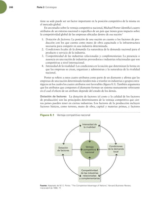 248 Parte 3 TUSBUFHJBT
tiene su sede puede ser un factor importante en la posición competitiva de la misma en
el mercado global.
En un estudio sobre la ventaja competitiva nacional, Michael Porter identiicó cuatro
atributos de un entorno nacional o especíico de un país que tienen gran impacto sobre
la competitividad global de las empresas ubicadas dentro de esa nación:7
1. Dotación de factores: La posición de una nación en cuanto a los factores de pro-
ducción con los que cuenta como mano de obra capacitada o la infraestructura
necesaria para competir en una industria determinada.
2. Condiciones locales de la demanda: La naturaleza de la demanda nacional para el
producto o servicio de la industria.
3. Competitividad de las industrias relacionadas y complementarias: La presencia o
ausencia en una nación de industrias proveedoras e industrias relacionadas que son
competitivas a nivel internacional.
4. Intensidad de la rivalidad: Las condiciones en la nación que determinan la forma en
que las empresas se crean, organizan y administran y la naturaleza de la rivalidad
nacional.
Porter se reiere a estos cuatro atributos como parte de un diamante y airma que las
empresas de una nación determinada tienden más a triunfar en industrias o grupos estra-
tégicos en los cuales los cuatro atributos son favorables (igura 8.1). También argumenta
que los atributos que componen el diamante forman un sistema mutuamente reforzante
en el cual el efecto de un atributo depende del estado de los demás.
Dotación de factores La dotación de factores (el costo y la calidad de los factores
de producción) son las principales determinantes de la ventaja competitiva que cier-
tos países pueden tener en ciertas industrias. Los factores de la producción incluyen
factores básicos, como terreno, mano de obra, capital y materias primas, y factores
Ventaja
competitiva
nacional
Intensidad de
la rivalidad
Condiciones
de la demanda
local
Competitividad
de las industrias
relacionadas
y complementarias
Dotación
de factores
Figura 8.1 7FOUBKBDPNQFUJUJWBOBDJPOBM
Fuente:EBQUBEPEF.1PSUFS i5IF$PNQFUJUJWFEWBOUBHFPG/BUJPOTwHarvard Business Review 
NBS[PBCSJMEF 

 