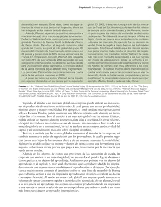 Capítulo 8 TUSBUFHJBFOFMFOUPSOPHMPCBM 253
Segundo, al atender a un mercado global, una empresa puede utilizar sus instalacio-
nes de producción de una forma más intensiva, lo cual genera una mayor productividad,
menores costos y mayor rentabilidad. Por ejemplo, si Intel vendiera microprocesadores
sólo en Estados Unidos, podría mantener sus fábricas abiertas sólo durante un turno,
cinco días a la semana. Pero al atender a un mercado global con las mismas fábricas,
podría utilizar sus recursos durante dos turnos, siete días a la semana. En otras palabras,
el capital invertido en esas fábricas se usa de manera más intensiva si Intel vende a un
mercado global y no a uno nacional, lo cual se traduce en una mayor productividad del
capital y en un rendimiento más alto sobre el capital invertido.
Tercero, a medida que las ventas globales aumentan el tamaño de la empresa, así
también aumenta su poder de negociación con los proveedores, lo cual le permite nego-
ciar costos más bajos de los insumos clave y de esa manera aumentar la rentabilidad.
Walmart ha podido utilizar su enorme volumen de ventas como una herramienta para
negociar reducciones en los precios que paga a sus proveedores por la mercancía que
vende en sus tiendas.
Además de los ahorros de costos que provienen de las economías de escala, las
empresas que venden en un mercado global y no en uno local, pueden lograr ahorros en
costos gracias a los efectos del aprendizaje. Analizamos por primera vez los efectos del
aprendizaje en el capítulo 4, en el cual observamos que la productividad de los emplea-
dos aumenta con incrementos acumulativos en la producción en el tiempo. (Por ejemplo,
cuesta mucho menos construir el centésimo avión en una línea de ensamble de Boeing
que el décimo, debido a que los empleados aprenden con el tiempo a realizar sus tareas
con mayor eiciencia). Al vender en un mercado global, una empresa puede aumentar su
volumen de ventas con mayor rapidez y la producción acumulada de sus plantas, lo cual
a su vez genera un aprendizaje más rápido, una mayor productividad de los empleados
y una ventaja en costos en relación con sus competidores que están creciendo a un ritmo
más lento pues carecen de mercados internacionales.
EFTBSSPMMBEPFOFTFQBÓT0USBTJEFBT DPNPMPTEFQBSUB-
NFOUPTEFWJOPTFOTVTUJFOEBTFOSHFOUJOB BIPSBTF
IBOJOUFHSBEPFOMPTEJTF×PTEFUPEPFMNVOEP
EFNÈT 
8BMNBSUTFQFSDBUØEFRVFTJOPTFFYQBOEÓBB
OJWFMJOUFSOBDJPOBM PUSPTNJOPSJTUBTHMPCBMFTMPWFODFSÓBO
%FIFDIP 8BMNBSUFOGSFOUBVOBJNQPSUBOUFDPNQFUFODJB
HMPCBMEF$BSSFGPVSEF'SBODJB IPMEEF)PMBOEBZ5FTDP
EF 3FJOP 6OJEP $BSSFGPVS  FM TFHVOEP NJOPSJTUB NÈT
HSBOEFEFMNVOEP FTRVJ[ÈFMNÈTHMPCBMEFMHSVQPM
QJPOFSPEFMDPODFQUPEFIJQFSNFSDBEPBIPSBPQFSBFO
QBÓTFTZHFOFSBNÈTEFEFTVTWFOUBTGVFSBEF
'SBODJBODPNQBSBDJØODPOFTUP 8BMNBSUFTUÈSF[BHBEB
DPOTØMPEFTVTWFOUBTEFHFOFSBEBTEFTVT
PQFSBDJPOFTJOUFSOBDJPOBMFT/PPCTUBOUF BÞOIBZDBCJEB
QBSBVOBFYQBOTJØOHMPCBMTJHOJmDBUJWBMNFSDBEPHMPCBM
EFMBWFOUBNJOPSJTUBTJHVFFTUBOEPNVZGSBHNFOUBEP
-PTQSJODJQBMFTNJOPSJTUBTDPOUSPMBCBOTØMPVOBDVBSUB
QBSUFEFMBTWFOUBTBMNFOVEFPFO
QFTBSEFUPEPTTVTÏYJUPT 8BMNBSUTFIBUPQBEP
DPO BMHVOPT PCTUÈDVMPT FO TV DBSSFSB QPS MB FYQBOTJØO
HMPCBMO MBFNQSFTBUVWPRVFTBMJSEFEPTNFSDB-
EPTEF$PSFBEFM4VS EPOEFOPQVEPEFTDJGSBSMPTIÈCJUPT
EFDPNQSBEFMPTDMJFOUFTMPDBMFT ZEFMFNBOJB EPOEF
OPQVEPTVQFSBSMPTQSFDJPTEFMBTUJFOEBTEFEFTDVFOUP
QBSUJDJQBOUFT5BNCJÏOFTUÈQBTBOEPUJFNQPTEJGÓDJMFTFO
+BQØO EPOEFOPQBSFDFFTUBSFOUFOEJFOEPMBTTVUJMF[BT
DVMUVSBMFTEFMNFSDBEP6OFKFNQMPGVFTVEFDJTJØOEF
WFOEFSGSVUBTEFSFHBMPBQSFDJPCBKPFOMBTGFTUJWJEBEFT
KBQPOFTBTTUPGSBDBTØEFCJEPBRVFMPTDMJFOUFTTFOUÓBO
RVFHBTUBSNFOPTQPEÓBJOTVMUBSBMSFDFQUPSEFMSFHBMP
$VSJPTBNFOUF  MPT NFSDBEPT EPOEF 8BMNBSU IB QBEF-
DJEPNÈTFSBONFSDBEPTEFTBSSPMMBEPTBMPTRVFJOHSFTØ
QPS NFEJP EF BERVJTJDJPOFT  EPOEF TF FOGSFOUØ B Fm-
DJFOUFTDPNQFUJEPSFTMPDBMFTEFMBSHBUSBZFDUPSJBZEPOEF
MPT IÈCJUPT EF DPNQSB FSBO NVZ EJGFSFOUFT B MPT FTUB-
EPVOJEFOTFTODBNCJP NVDIPTEFMPTNFSDBEPTFOMPT
RVFIBUFOJEPNFKPSTVFSUFIBOTJEPOBDJPOFTFOWÓBTEF
EFTBSSPMMP EPOEFOPIBCÓBGVFSUFTDPNQFUJEPSFTZFOMPT
RVF8BMNBSUIBEFTBSSPMMBEPPQFSBDJPOFTEFTEFDFSP QPS
FKFNQMP .ÏYJDP #SBTJMZ DBEBWF[NÈT $IJOB 
Fuentes: -JMMP i8BMNBSU4BZT(MPCBM(PJOH(PPEwHome Textiles Today EFTFQUJFNCSFEF EF3PDIBZ-%JC i5IFOUSZ
PG8BMNBSUJOUP#SB[JMwInternationalJournal of Retail and Distribution Management,WPM  OØOJNP i8BMNBSU.FYJDPT#JHHFTU
3FUBJMFSwChain Store Age,KVOJPEF .'MBHH i*OTJB (PJOHUPUIF(SPDFSZ*ODSFBTJOHMZ.FBOT)FBEJOHGPSBVSPQFBO3FUBJM$IBJOw
Wall Street Journal EFBCSJMEF i-POH8BZGSPN#FOUPOWJMMFwThe Economist EFTFQUJFNCSFEF i)PX8BMNBSU
4IPVME3JHIU*UTFMGwThe Wall Street Journal EFBCSJMEF$ $IUUQXXX8BMNBSUDPm
 