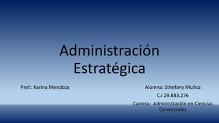 Administración
Estratégica
Alumna: Sthefany Muñoz
C.I 29.883.276
Carrera: Administración en Ciencias
Comerciales
Prof.: Karina Mendoza
 