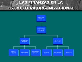 LAS FINANZAS EN LA
ESTRUCTURA ORGANIZACIONAL

                                    DIRECTOR
                                    GENERAL




                                   DIRECTOR DE
                                     FINANZAS




             GERENTE DE
                                                         CONTRALOR
             TESORERIA




 CREDITO Y                 PRESUPUESTO
             INVENTARIOS                       COSTOS   CONTABILIDAD   IMPUESTOS
 COBRANZA                   DE CAPITAL
 