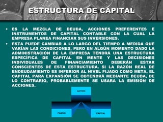 ESTRUCTURA DE CAPITAL

•   ES LA MEZCLA DE DEUDA, ACCIONES PREFERENTES E
    INSTRUMENTOS DE CAPITAL CONTABLE CON LA CUAL LA
    EMPRESA PLANEA FINANCIAR SUS INVERSIONES.
•   ESTA PUEDE CAMBIAR A LO LARGO DEL TIEMPO A MEDIDA QUE
    VARÍAN LAS CONDICIONES, PERO EN ALGÚN MOMENTO DADO LA
    ADMINISTRACIÓN DE LA EMPRESA TENDRÁ UNA ESTRUCTURA
    ESPECÍFICA DE CAPITAL EN MENTE Y LAS DECISIONES
    INDIVIDUALES   DE   FINANCIAMIENTO     DEBERÁN   ESTAR
    CONSCIENTES DE ESTA ESTRUCTURA. SI LA RAZÓN REAL DE
    ENDEUDAMIENTO ES INFERIOR AL NIVEL FIJADO COMO META, EL
    CAPITAL PARA EXPANSIÓN SE OBTENDRÁ MEDIANTE DEUDA, DE
    LO CONTRARIO, PROBABLEMENTE SE USARA LA EMISIÓN DE
    ACCIONES.
                              ACTIVO




                     PASIVO            CAPITAL
 