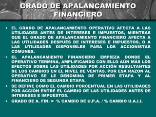 GRADO DE APALANCAMIENTO
              FINANCIERO
•   EL GRADO DE APALANCAMIENTO OPERATIVO AFECTA A LAS
    UTILIDADES ANTES DE INTERESES E IMPUESTOS, MIENTRAS
    QUE EL GRADO DE APALANCAMIENTO FINANCIERO AFECTA A
    LAS UTILIDADES DESPUÉS DE INTERESES E IMPUESTOS, O A
    LAS UTILIDADES DISPONIBLES PARA LOS ACCIONISTAS
    COMUNES.
•   EL APALANCAMIENTO FINANCIERO EMPIEZA DONDE EL
    OPERATIVO TERMINA, AMPLIFICANDO CON ELLO AÚN MÁS LOS
    EFECTOS SOBRE LAS UTILIDADES POR ACCIÓN RESULTANTES
    DE LOS CAMBIOS EN EL NIVEL DE VENTAS. POR ESA RAZON AL
    OPERATIVO SE LE DENOMINA DE PRIMER ETAPA Y AL
    FINANCIERO DE SEGUNDA ETAPA.
•   SE DEFINE COMO EL CAMBIO PORCENTUAL EN LAS UTILIDADES
    POR ACCIÓN ENTRE EL CAMBIO DE LAS UTILIDADES ANTES DE
    INTERESES E IMPUESTOS.
•   GRADO DE A. FIN. = % CAMBIO DE U.P.A. / % CAMBIO U.A.I.I.
 