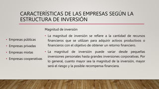 CARACTERÍSTICAS DE LAS EMPRESAS SEGÚN LA
ESTRUCTURA DE INVERSIÓN
• Empresas públicas
• Empresas privadas
• Empresas mixtas
• Empresas cooperativas
Magnitud de inversión
• La magnitud de inversión se refiere a la cantidad de recursos
financieros que se utilizan para adquirir activos productivos o
financieros con el objetivo de obtener un retorno financiero.
• La magnitud de inversión puede variar desde pequeñas
inversiones personales hasta grandes inversiones corporativas. Por
lo general, cuanto mayor sea la magnitud de la inversión, mayor
será el riesgo y la posible recompensa financiera.
 