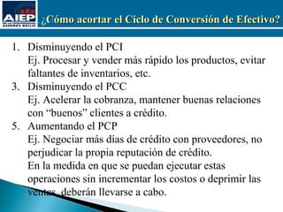 ¿Cómo acortar el Ciclo de Conversión de Efectivo?

1. Disminuyendo el PCI
   Ej. Procesar y vender más rápido los productos, evitar
   faltantes de inventarios, etc.
3. Disminuyendo el PCC
   Ej. Acelerar la cobranza, mantener buenas relaciones
   con “buenos” clientes a crédito.
5. Aumentando el PCP
   Ej. Negociar más días de crédito con proveedores, no
   perjudicar la propia reputación de crédito.
   En la medida en que se puedan ejecutar estas
   operaciones sin incrementar los costos o deprimir las
   ventas, deberán llevarse a cabo.
 