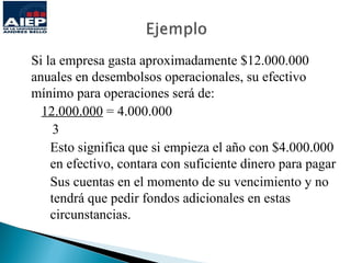 Si la empresa gasta aproximadamente $12.000.000
anuales en desembolsos operacionales, su efectivo
mínimo para operaciones será de:
  12.000.000 = 4.000.000
     3
    Esto significa que si empieza el año con $4.000.000
    en efectivo, contara con suficiente dinero para pagar
    Sus cuentas en el momento de su vencimiento y no
    tendrá que pedir fondos adicionales en estas
    circunstancias.
 