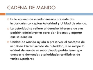 CADENA DE MANDO






En la cadena de mando tenemos presente dos
importantes conceptos: Autoridad y Unidad de Mando.
La autoridad se refiere al derecho inherente de una
posición administrativa para dar órdenes y esperar
que se cumplan
Unidad de Mando ayuda a preservar el concepto de
una línea ininterrumpida de autoridad, si se rompe la
unidad de mando un subordinado podría tener que
atender a demandas o prioridades conflictivas de
varios superiores.

 