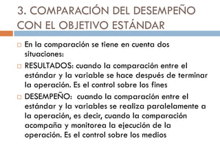 3. COMPARACIÓN DEL DESEMPEÑO
CON EL OBJETIVO ESTÁNDAR






En la comparación se tiene en cuenta dos
situaciones:
RESULTADOS: cuando la comparación entre el
estándar y la variable se hace después de terminar
la operación. Es el control sobre los fines
DESEMPEÑO: cuando la comparación entre el
estándar y la variables se realiza paralelamente a
la operación, es decir, cuando la comparación
acompaña y monitorea la ejecución de la
operación. Es el control sobre los medios

 