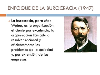 ENFOQUE DE LA BUROCRACIA (1947)


La burocracia, para Max
Weber, es la organización
eficiente por excelencia, la
organización llamada a
resolver racional y
eficientemente los
problemas de la sociedad
y, por extensión, de las
empresas.

 