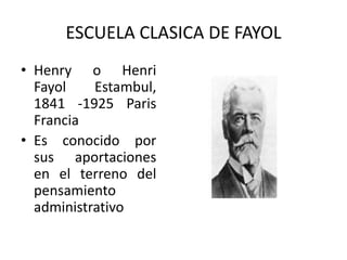 ESCUELA CLASICA DE FAYOL
• Henry o Henri
Fayol
Estambul,
1841 -1925 Paris
Francia
• Es conocido por
sus aportaciones
en el terreno del
pensamiento
administrativo

 