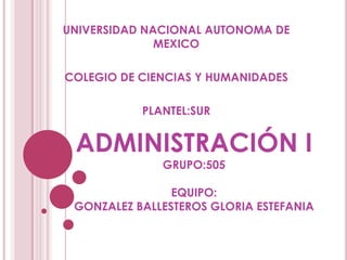 UNIVERSIDAD NACIONAL AUTONOMA DE MEXICO COLEGIO DE CIENCIAS Y HUMANIDADES  PLANTEL:SUR ADMINISTRACIÓN IGRUPO:505EQUIPO:GONZALEZ BALLESTEROS GLORIA ESTEFANIA 