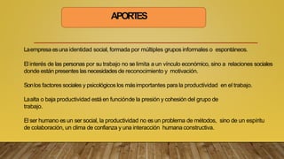 APORT
ES
Laempresa esuna identidad social, formada por múltiples grupos informales o espontáneos.
El interés de las personas por su trabajo no se limita a un vínculo económico, sino a relaciones sociales
donde están presentes las necesidadesde reconocimiento y motivación.
Sonlos factores sociales y psicológicos los másimportantes para la productividad en el trabajo.
Laalta o baja productividad está en funciónde la presión y cohesión del grupo de
trabajo.
El ser humano es un ser social, la productividad no es un problema de métodos, sino de un espíritu
de colaboración, un clima de confianza y una interacción humana constructiva.
 