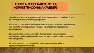 ESCUELA BUROCRA
TICA DE LA
ADMINISTRACION(MAX WEBER)
La teoría de la burocracia sepuso en práctica en la administración hacia la década
de 1940 debido alas circunstanciassiguientes:
•Oposición y contradicción, de la teoría clásicay de la teoría de relacioneshumanas,
para presentar un enfoque global integrado y totalizador de los problemas
organizacionales.
•Lanecesidad de encontrar un modelo de organización racional capazde
caracterizar todas las variables involucradas, asícomo también el comportamiento
de susintegrantes.
•Elcreciente tamaño y la complejidad de las empresasexigíamodelos
organizacionales mejor definidos.
 