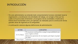 INTRODUCCIÓN
• Por acto administrativo se entiende todo comportamiento humano orientado hacia la
organización y coordinación de actividades de trabajo, con arreglo a fines por los
cuales se ha procurado el bienestar y el progreso de las sociedades a través de la
historia de la humanidad como, por ejemplo, las realizadas para la construcción de las
grandes obras de ingeniería en la antigüedad.
• A continuación veremos algunas definiciones de administración:
 