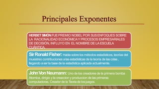 HERBETSIMÓN:FUEPREMIO NOBEL POR SUSENFOQUES SOBRE
LA RACIONALIDAD ECONÓMICAY PROCESOS EMPRESARIALES
DE DECISIÓN, INFLUYO EN EL NOMBRE DE LA ESCUELA
CUÁNTICA.
SirRonaldFisher:Habla sobre los métodos estadísticos, teorías del
muestreo contribuciones alas estadísticas de la teoría de las colas ,
llegando aser la basede la estadística aplicada actualmente.
JohnVonNeumann:Uno de los creadores de la primera bomba
Atomica, dirigio y la creaccion y produccion de las primeras
computadoras, Creador de la Teoriade losjuegos.
 