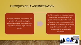 ENFOQUES DE LA ADMINISTRACIÓN
Es posible identificar, por lo menos, tres
grandes enfoques de la disciplina
administrativa desde sus orígenes hasta
hoy: estadounidense, inglés y franco-
alemán.
La Administración en Estados Unidos, se
ha enfocado históricamente hacia la
gestión empresarial; de hecho, desde sus
orígenes formales a comienzos del Siglo
XX, el interés se ha centrado en la solución
de problemas relacionados con la
productividad de las actividades
industriales.
 