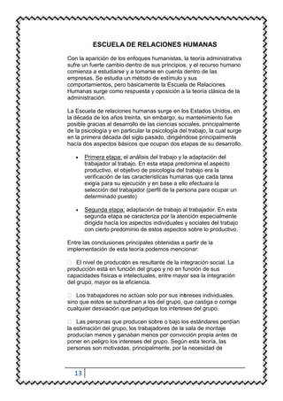 ESCUELA DE RELACIONES HUMANAS

Con la aparición de los enfoques humanistas, la teoría administrativa
sufre un fuerte cambio dentro de sus principios, y el recurso humano
comienza a estudiarse y a tomarse en cuenta dentro de las
empresas. Se estudia un método de estímulo y sus
comportamientos, pero básicamente la Escuela de Relaciones
Humanas surge como respuesta y oposición a la teoría clásica de la
administración.

La Escuela de relaciones humanas surge en los Estados Unidos, en
la década de los años treinta, sin embargo, su mantenimiento fue
posible gracias al desarrollo de las ciencias sociales, principalmente
de la psicología y en particular la psicología del trabajo, la cual surge
en la primera década del siglo pasado, dirigiéndose principalmente
hacía dos aspectos básicos que ocupan dos etapas de su desarrollo.

       Primera etapa: el análisis del trabajo y la adaptación del
       trabajador al trabajo. En esta etapa predomina el aspecto
       productivo, el objetivo de psicología del trabajo era la
       verificación de las características humanas que cada tarea
       exigía para su ejecución y en base a ello efectuara la
       selección del trabajador (perfil de la persona para ocupar un
       determinado puesto)

       Segunda etapa: adaptación de trabajo al trabajador. En esta
       segunda etapa se caracteriza por la atención especialmente
       dirigida hacía los aspectos individuales y sociales del trabajo
       con cierto predominio de estos aspectos sobre lo productivo.

Entre las conclusiones principales obtenidas a partir de la
implementación de esta teoría podemos mencionar:

 El nivel de producc es resultante de la integración social. La
                      ión
producción está en función del grupo y no en función de sus
capacidades físicas e intelectuales, entre mayor sea la integración
del grupo, mayor es la eficiencia.

 Los trabajadores no actúan solo por sus int reses individuales,
                                              e
sino que estos se subordinan a los del grupo, que castiga o corrige
cualquier desviación que perjudique los intereses del grupo.

 Las personas que producen sobre o bajo los estándares perdían
la estimación del grupo, los trabajadores de la sala de montaje
producían menos y ganaban menos por convicción propia antes de
poner en peligro los intereses del grupo. Según esta teoría, las
personas son motivadas, principalmente, por la necesidad de



  13
 