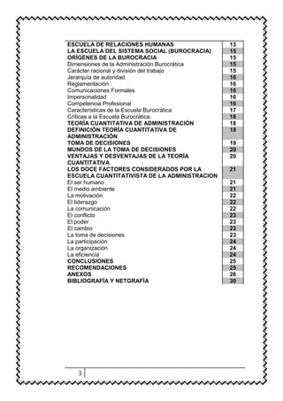 ESCUELA DE RELACIONES HUMANAS                  13
LA ESCUELA DEL SISTEMA SOCIAL (BUROCRACIA)     15
ORÍGENES DE LA BUROCRACIA                      15
Dimensiones de la Administración Burocrática   15
Carácter racional y división del trabajo       15
Jerarquía de autoridad                         16
Reglamentación                                 16
Comunicaciones Formales                        16
Impersonalidad                                 16
Competencia Profesional                        16
Características de la Escuela Burocrática      17
Críticas a la Escuela Burocrática.             18
TEORÍA CUANTITATIVA DE ADMINISTRACIÓN          18
DEFINICIÓN TEORÍA CUANTITATIVA DE              18
ADMINISTRACIÓN
TOMA DE DECISIONES                             19
MUNDOS DE LA TOMA DE DECISIONES                20
VENTAJAS Y DESVENTAJAS DE LA TEORÍA            20
CUANTITATIVA
LOS DOCE FACTORES CONSIDERADOS POR LA          21
ESCUELA CUANTITATIVISTA DE LA ADMINISTRACION
El ser humano                                  21
El medio ambiente                              21
La motivación                                  22
El liderazgo                                   22
La comunicación                                22
El conflicto                                   23
El poder                                       23
El cambio                                      23
La toma de decisiones                          23
La participación                               24
La organización                                24
La eficiencia                                  24
CONCLUSIONES                                   25
RECOMENDACIONES                                25
ANEXOS                                         26
BIBLIOGRAFÍA Y NETGRAFÍA                       30




   3
 