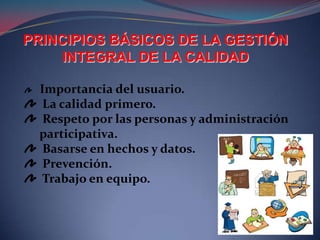 PRINCIPIOS BÁSICOS DE LA GESTIÓN
     INTEGRAL DE LA CALIDAD

 Importancia del usuario.
  La calidad primero.
  Respeto por las personas y administración
 participativa.
  Basarse en hechos y datos.
  Prevención.
  Trabajo en equipo.
 