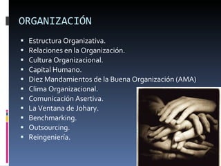 ORGANIZACIÓN Estructura Organizativa. Relaciones en la Organización. Cultura Organizacional. Capital Humano. Diez Mandamientos de la Buena Organización (AMA) Clima Organizacional. Comunicación Asertiva. La Ventana de Johary. Benchmarking. Outsourcing. Reingeniería. 