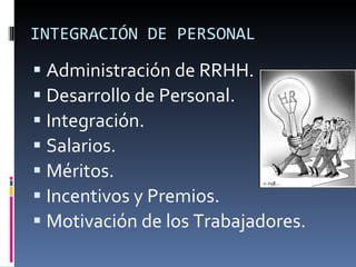 INTEGRACIÓN DE PERSONAL Administración de RRHH. Desarrollo de Personal. Integración. Salarios. Méritos. Incentivos y Premios. Motivación de los Trabajadores. 