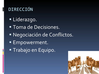 DIRECCIÓN Liderazgo. Toma de Decisiones. Negociación de Conflictos. Empowerment. Trabajo en Equipo. 