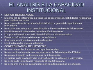 EL ANALISIS E LA CAPACIDAD INSTITUCIONAL DEFICIT DETECTADOS. El personal de informática no tiene los conocimientos, habilidades necesarias para realizar las tareas. No existe suficiente personal administrativo y gerencial capacitada en informática. No existe  una adecuada  coordinación n i intercambios de información. Insuficientes e inadecuadas coordinación inter-áreas. Los procedimientos no está bien definidos ni documentados. Personal informátco existente no es suficiente. -Los recursos financieros son insuficientes. Los inadecuados niveles salariales CONFRONTACIÓN DE HIPOTESIS No se contemplan los aspectos organizacionales. No se verifican las reformas necesarias en la Administración Pública No prevee impacto en los sistemas de información. La mejora en la productividad es insuficiente en relación a la inversión No se le da la importancia requerida al capital humano. No se logran mejoras sustanciales sen la automatización de oficinas. 