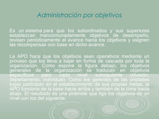 Administración por objetivos
Es un sistema para que los subordinados y sus superiores
establezcan mancomunadamente objetivos de desempeño,
revisen periódicamente el avance hacia los objetivos y asignen
las recompensas con base en dicho avance.
La APO hace que los objetivos sean operativos mediante un
proceso que los lleva a bajar en forma de cascada por toda la
organización. Como expone la figura debajo, los objetivos
generales de la organización se traducen en objetivos
específicos para cada nivel subsiguiente (división,
departamento, individual). Como los gerentes de las unidades
bajas participan en el establecimiento de sus propias metas, la
APO funciona de la base hacia arriba y también de la cima hacia
abajo. El resultado es una pirámide que liga los objetivos de un
nivel con los del siguiente.
 
