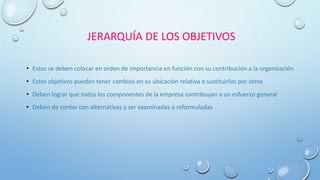 JERARQUÍA DE LOS OBJETIVOS
• Estos se deben colocar en orden de importancia en función con su contribución a la organización
• Estos objetivos pueden tener cambios en su ubicación relativa o sustituirlos por otros
• Deben lograr que todos los componentes de la empresa contribuyan a un esfuerzo general
• Deben de contar con alternativas y ser examinadas o reformuladas
 