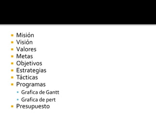  Misión
 Visión
 Valores
 Metas
 Objetivos
 Estrategias
 Tácticas
 Programas
 Grafica de Gantt
 Grafica de pert
 Presupuesto
 