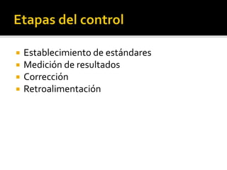  Establecimiento de estándares
 Medición de resultados
 Corrección
 Retroalimentación
 