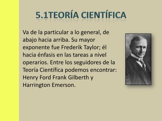 Va de la particular a lo general, de
abajo hacia arriba. Su mayor
exponente fue Frederik Taylor; él
hacia énfasis en las tareas a nivel
operarios. Entre los seguidores de la
Teoría Científica podemos encontrar:
Henry Ford Frank Gilberth y
Harrington Emerson.
 