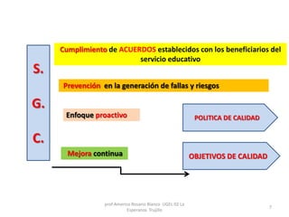 S.
G.
C.
POLITICA DE CALIDAD
OBJETIVOS DE CALIDAD
Cumplimiento de ACUERDOS establecidos con los beneficiarios del
servicio educativo
Prevención en la generación de fallas y riesgos
Enfoque proactivo
Mejora continua
prof Americo Rosario Blanco UGEL 02 La
Esperanza Trujillo
7
 