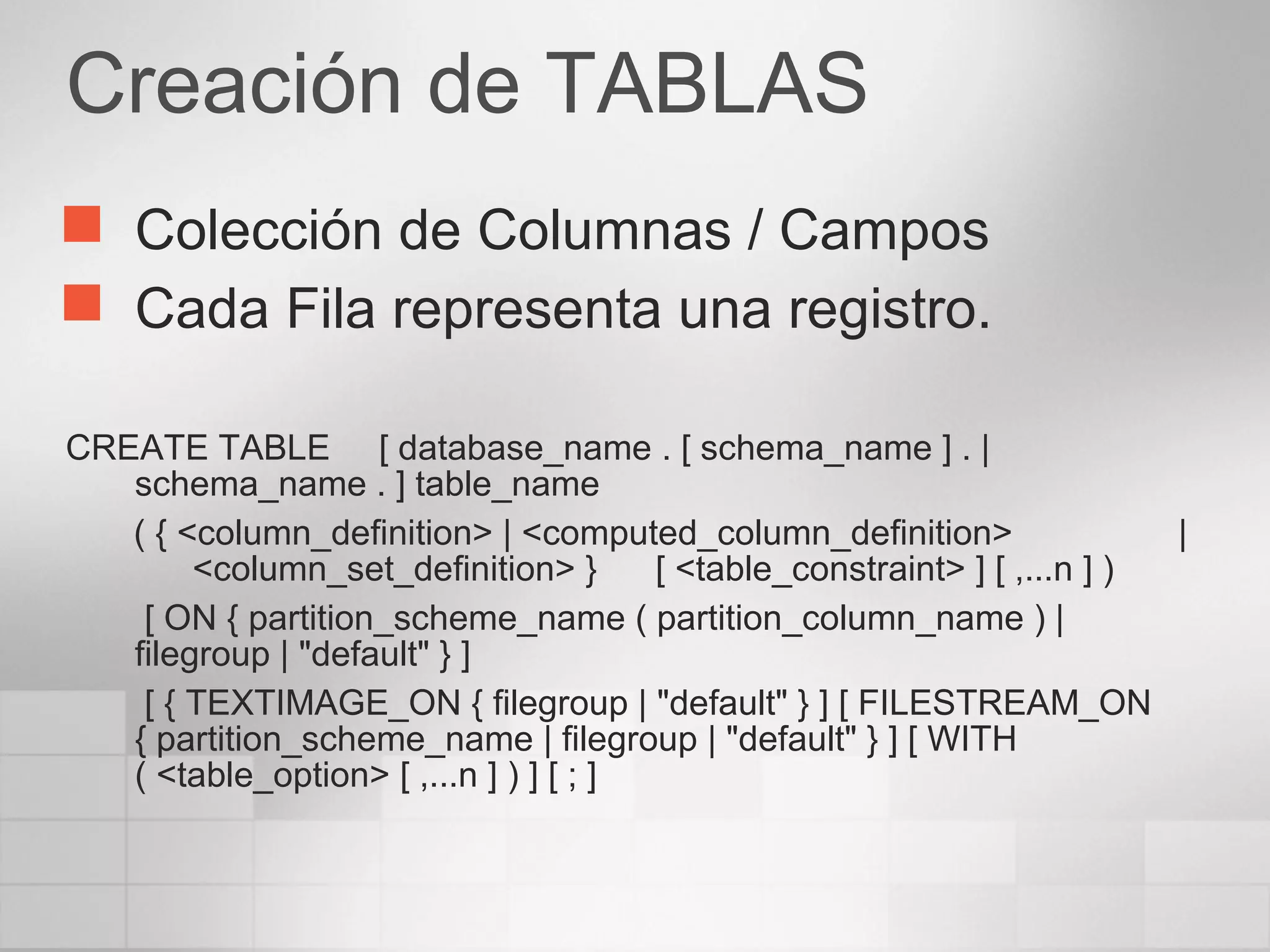 Creación de TABLAS
 Colección de Columnas / Campos
 Cada Fila representa una registro.
CREATE TABLE [ database_name . [ schema_name ] . |
schema_name . ] table_name
( { <column_definition> | <computed_column_definition> |
<column_set_definition> } [ <table_constraint> ] [ ,...n ] )
[ ON { partition_scheme_name ( partition_column_name ) |
filegroup | "default" } ]
[ { TEXTIMAGE_ON { filegroup | "default" } ] [ FILESTREAM_ON
{ partition_scheme_name | filegroup | "default" } ] [ WITH
( <table_option> [ ,...n ] ) ] [ ; ]
 